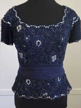 Navy Lace Sequin Peplum Top - Elegant Women's Evening Blouse TADASHI